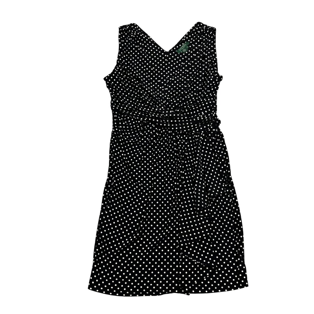 Lauren Ralph Lauren Black White Polka Dot Faux Wrap Dress Sleeveless 16 NEW